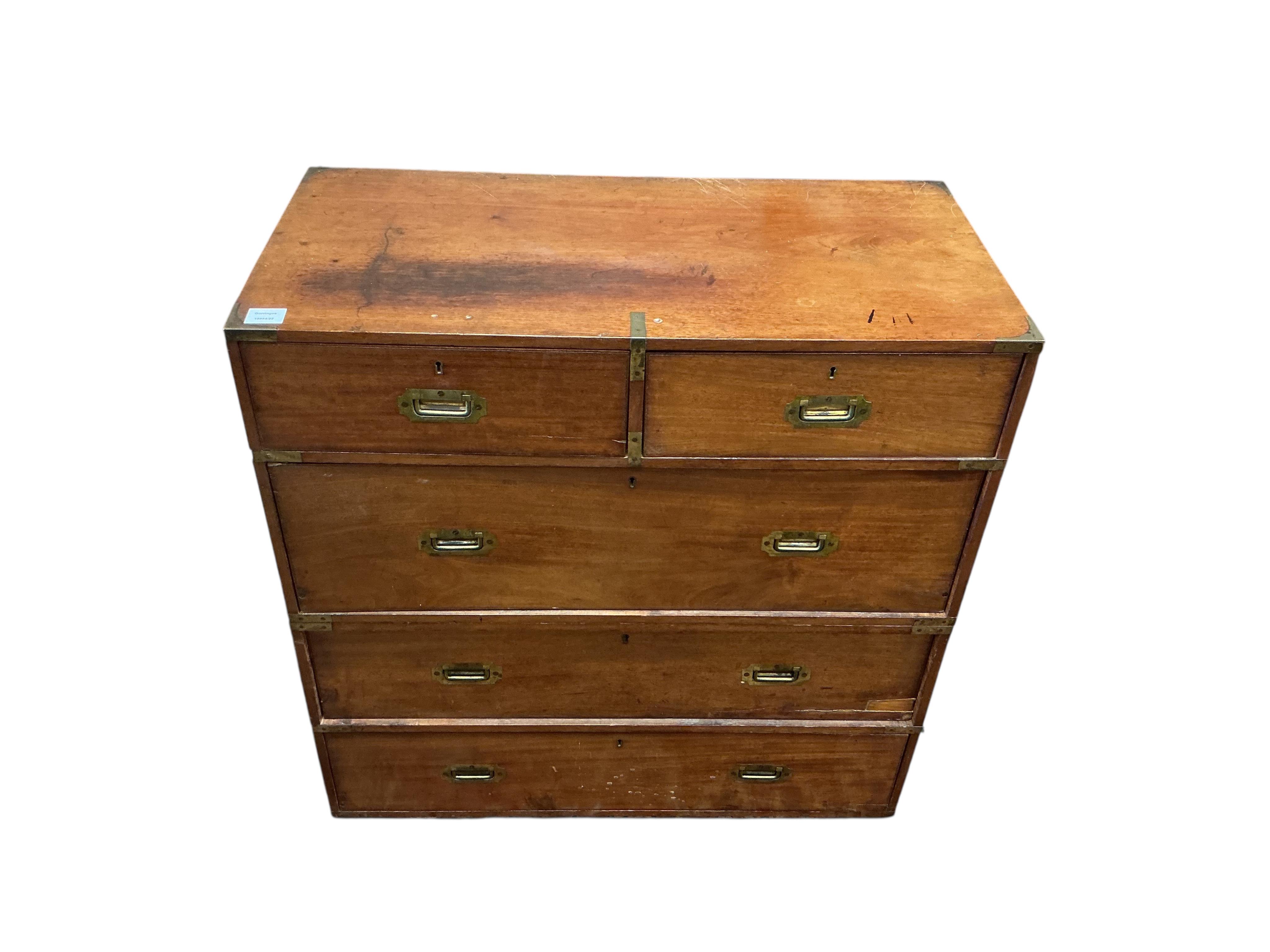 A Victorian mahogany brass mounted two part military chest, width 91cm, depth 45cm, height 91cm